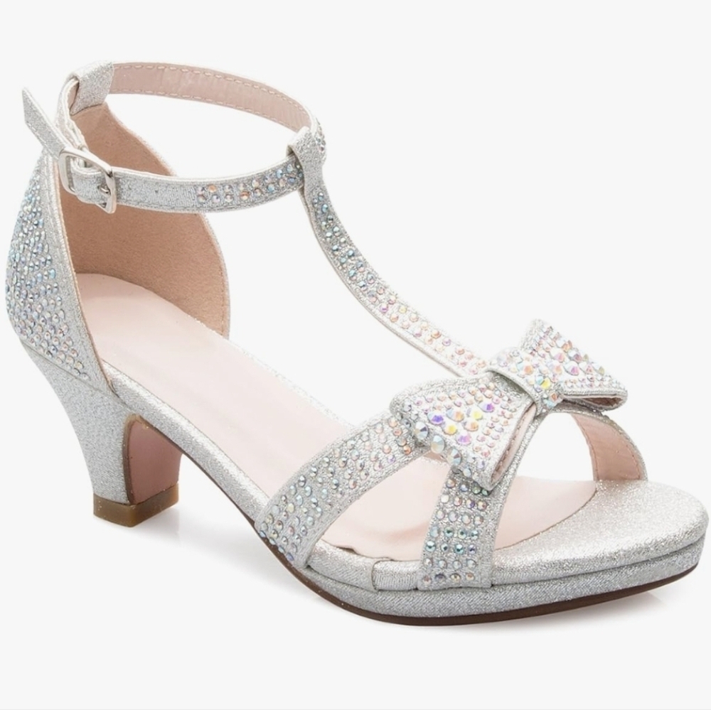 Olivia K Girl's Glitter Leatherette Open Toe Strappy Ankle T Strap Kitten Heel